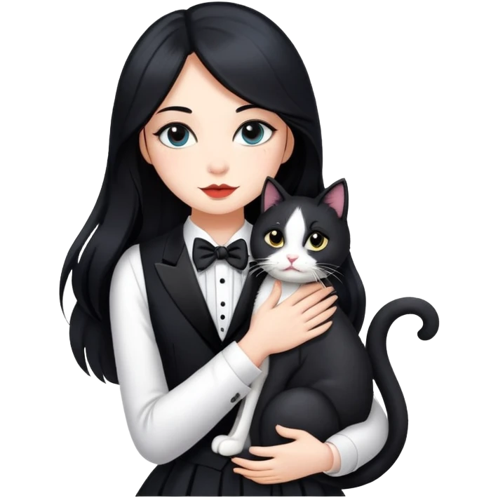 A beautiful girl with long black hair wearing a dress hugs a tuxedo cat emoji
