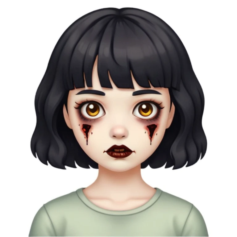 Girl with short black wavy hair, with short zombie bangs emoji