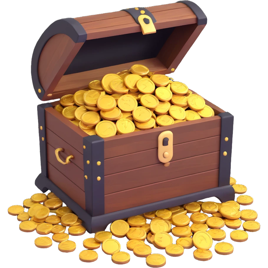 wooden treasure chest overflowing with gold coins emoji