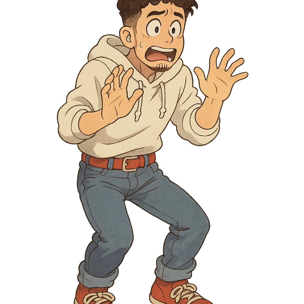 1 male, mid fade haircut dark chestnut brown curly hair, toasted lightskin, white hoodie sleeves up, fashion jeans, red fashion-sneakers shoes, red belt, short trimmed beard and goatee,  style of deku from "my hero academia", doing a "oh no / scared" pose emoji
