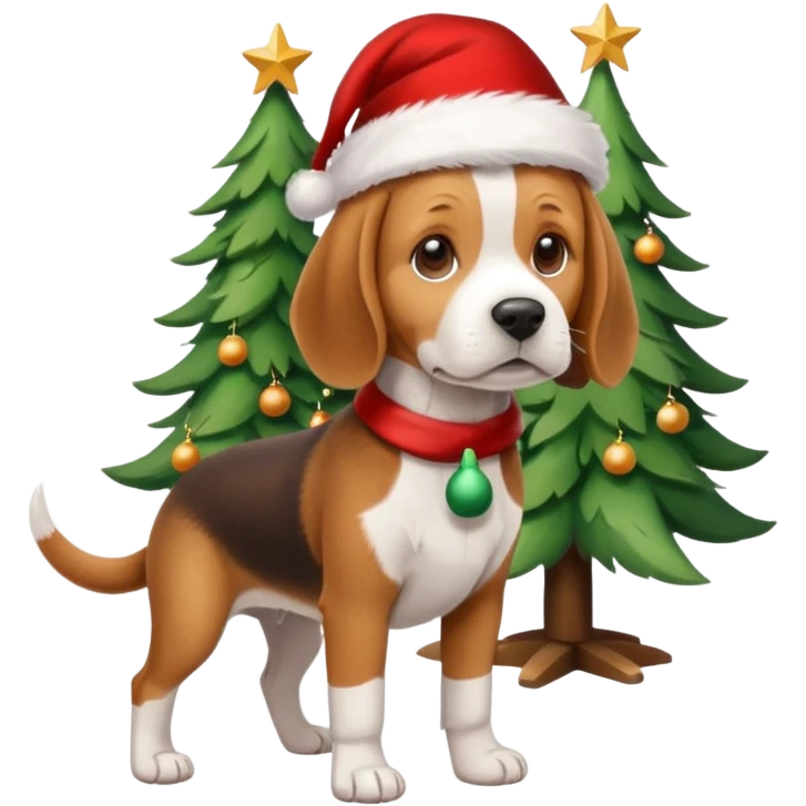 beagle wearing santa hat and standng by the xmas tree emoji