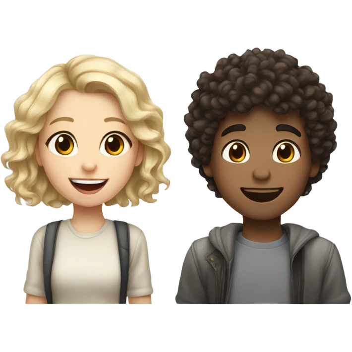 Shorter girl with dark brown curly hair standing next to taller white blond boy smiling with tongue out couple photo emoji