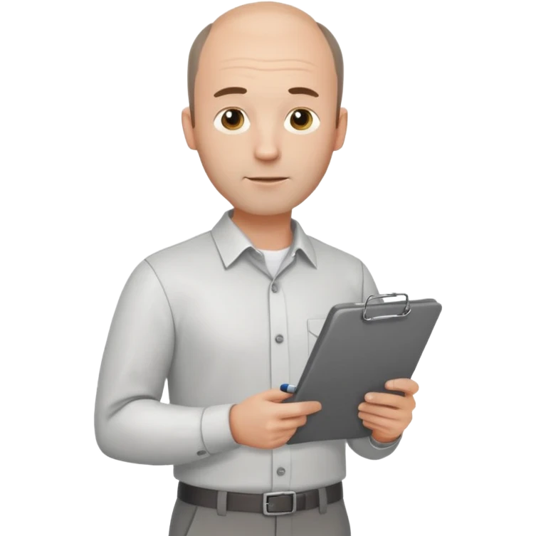 man mid 30's shirt and trousers balding hairline standing holding a clipboard emoji