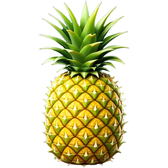 Cinematic Realistic Pineapple Emoji, Tropical and vibrant, with a golden-yellow textured skin and a crown of spiky green leaves on top. The body of the fruit is sharply geometric, its surface rich with natural patterns. Soft glowing outline, capturing the essence of exotic sweetness and tropical flair in a fresh pineapple! emoji