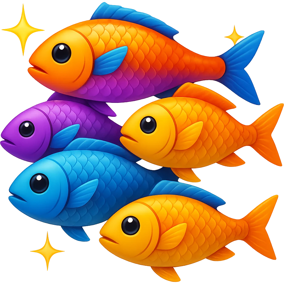 A pile of fish arranged in a pyramid formation with a sparkle effect, in the style of apple emojis, with no background, shiny and crisp emoji style. emoji