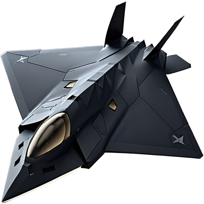 F-117 Nighthawk - Lockheed Martin (Stealth Grey) A futuristic stealth attack aircraft with a distinct faceted, angular design in a stealthy matte grey. Its sharp, jagged edges and unconventional, almost alien-like shape make it look like a shadow cutting through the night sky. The surface should appear non-reflective with subtle panel lines. emoji
