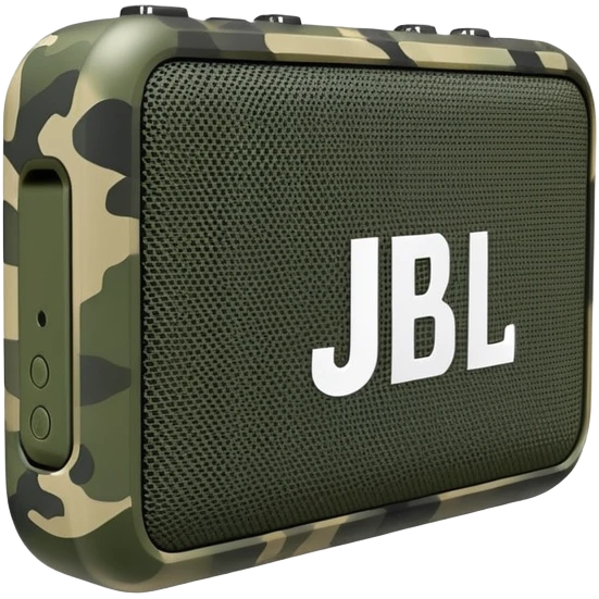 Minimalist JBL Go Clip 4 speaker with simple camouflage pattern, clean lines, iOS emoji style emoji