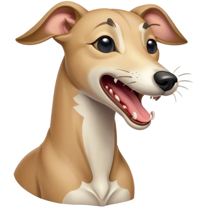 Cinematic Cute Yawning Fawn Greyhound Portrait Emoji, Head tilted slightly with a dramatic, wide-open yawn, showcasing a smooth fawn Fur with a refined finish, floppy ears slightly drooping, round eyes barely open in drowsy contentment, Simplified yet irresistibly adorable features, highly detailed, glowing with a soft, cozy glow, high shine, relaxed yet expressive, stylized with a touch of whimsy, bright and endearing, soft glowing outline, capturing the essence of a sleepy yet affectionate companion, so drowsy it feels like it could stretch out of the screen and curl up for a nap! emoji