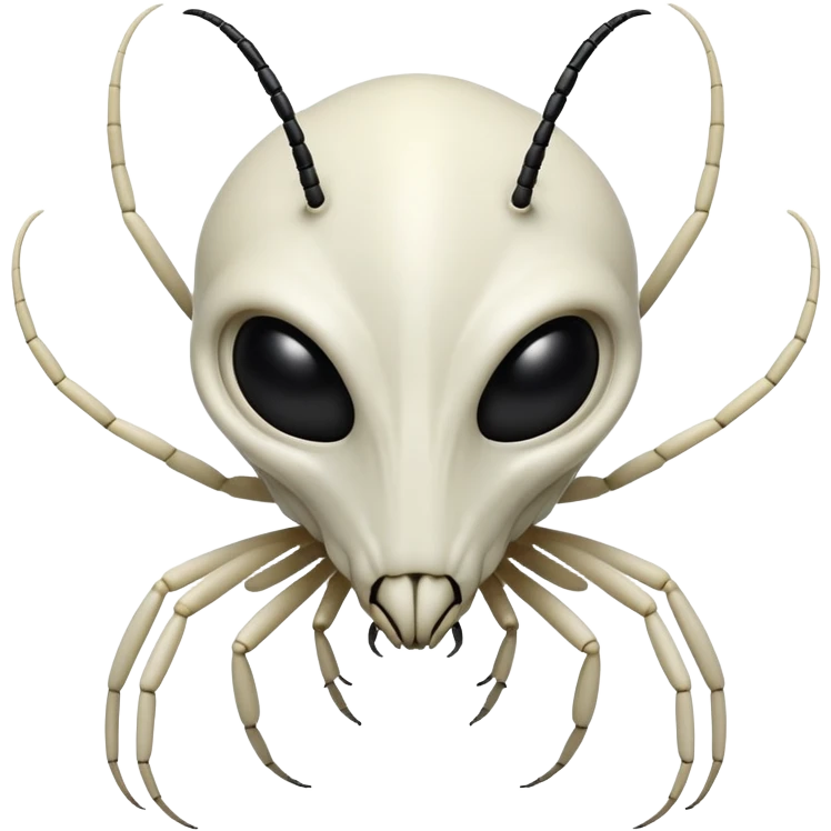 Front-facing alien with an insect-like head. Pale white or albino exoskeleton. No nose. Black compound eyes like a fly. Sharp mandibles. Thin black antennae. Face is symmetrical. No human features. emoji