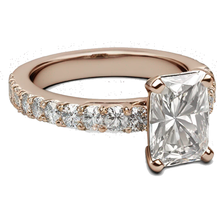 Simple Rose Gold radiant cut diamond engagement ring with small diamonds around the band emoji
