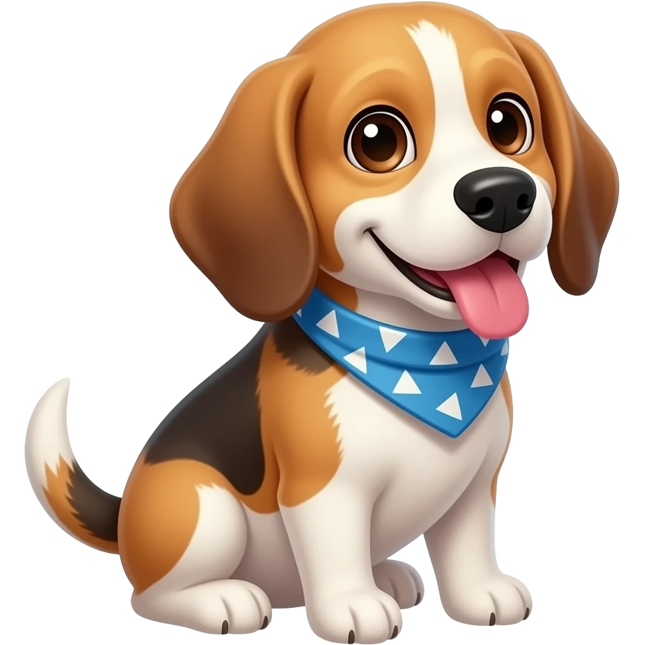 beagle dog with blue triangle scarf collar, collar has no pattern , sitting, toungue out, smiling, dumb looking, tongue out from the side, big tail, front view, looking at camera, silly, big eyes, cute emoji