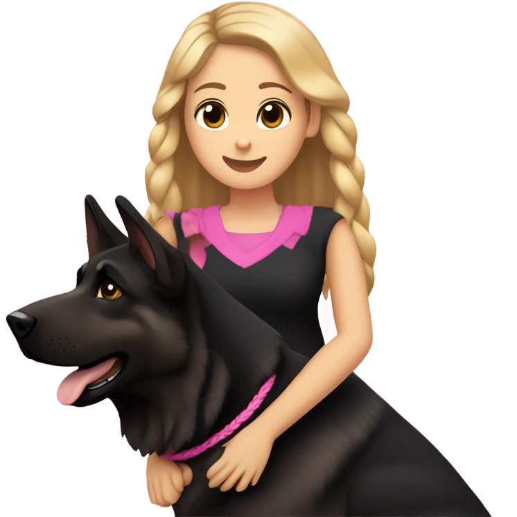 black german shepherd with brown paws only wearing a pink collar with owner who has sandy blonde hair in a single braid emoji
