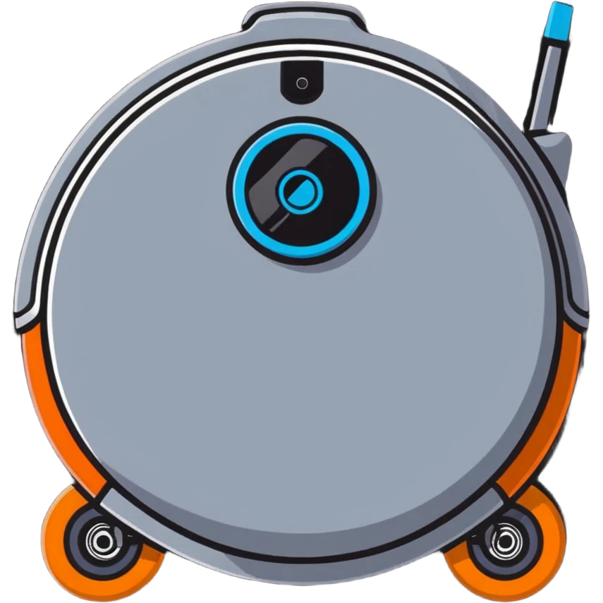 cute cleaning robot vacuum with blue, grey, and orange colors on wheels emoji