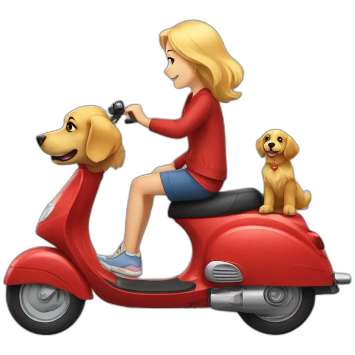 Golden retriever in a red scooter with a girl emoji