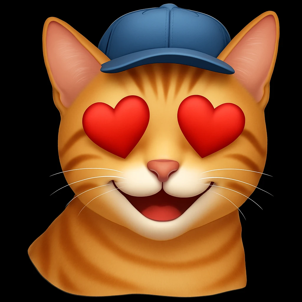 Change the cat's face expression to love (heart eyes or loving smile), keeping the blue cap, in emoji style. emoji