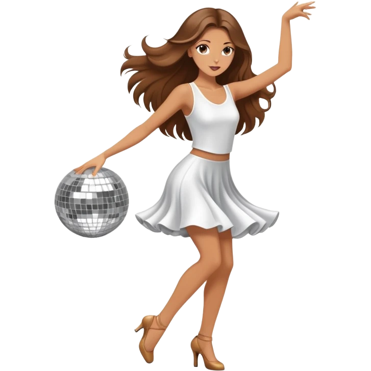 Girl with long brown hair  white girl dancing like nobody’s watching, elegant quirky  discoball in background  emoji