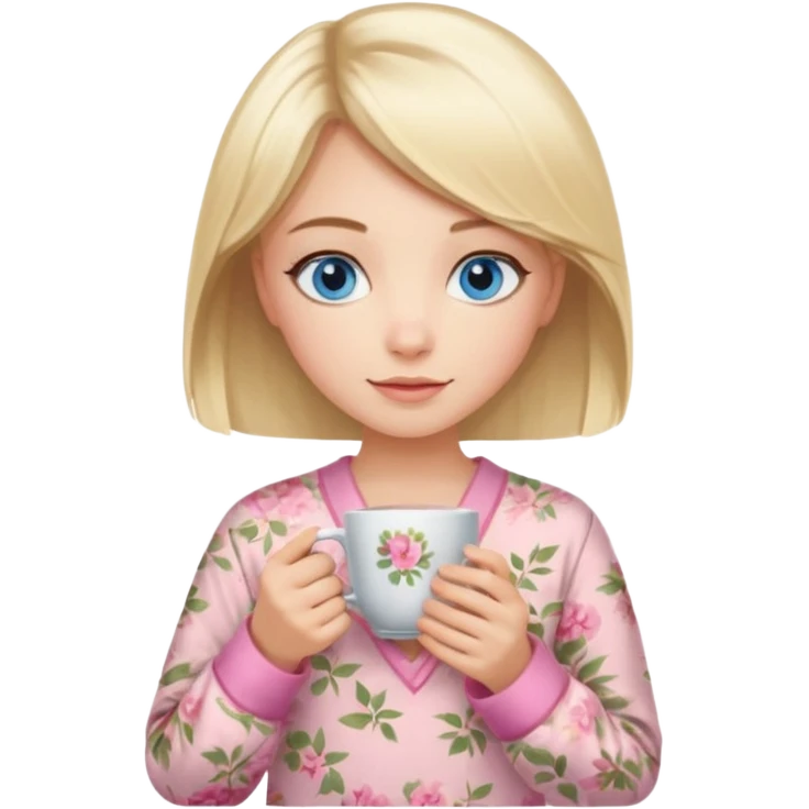 Blue eyed girl with middle length blond hair in floral beige pijamas is holding a pink cup of tea emoji