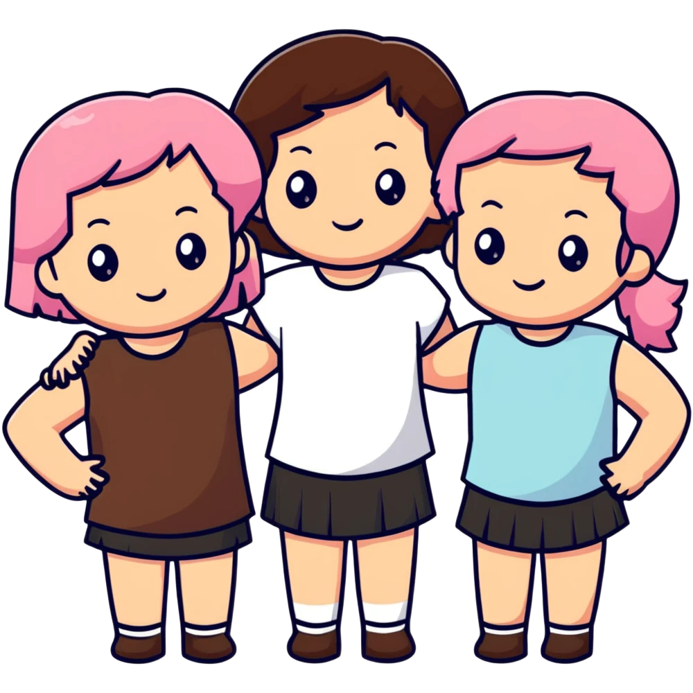 a black girl with dark brown hair next to a white girl with pink hair and a white girl with brown hair emoji