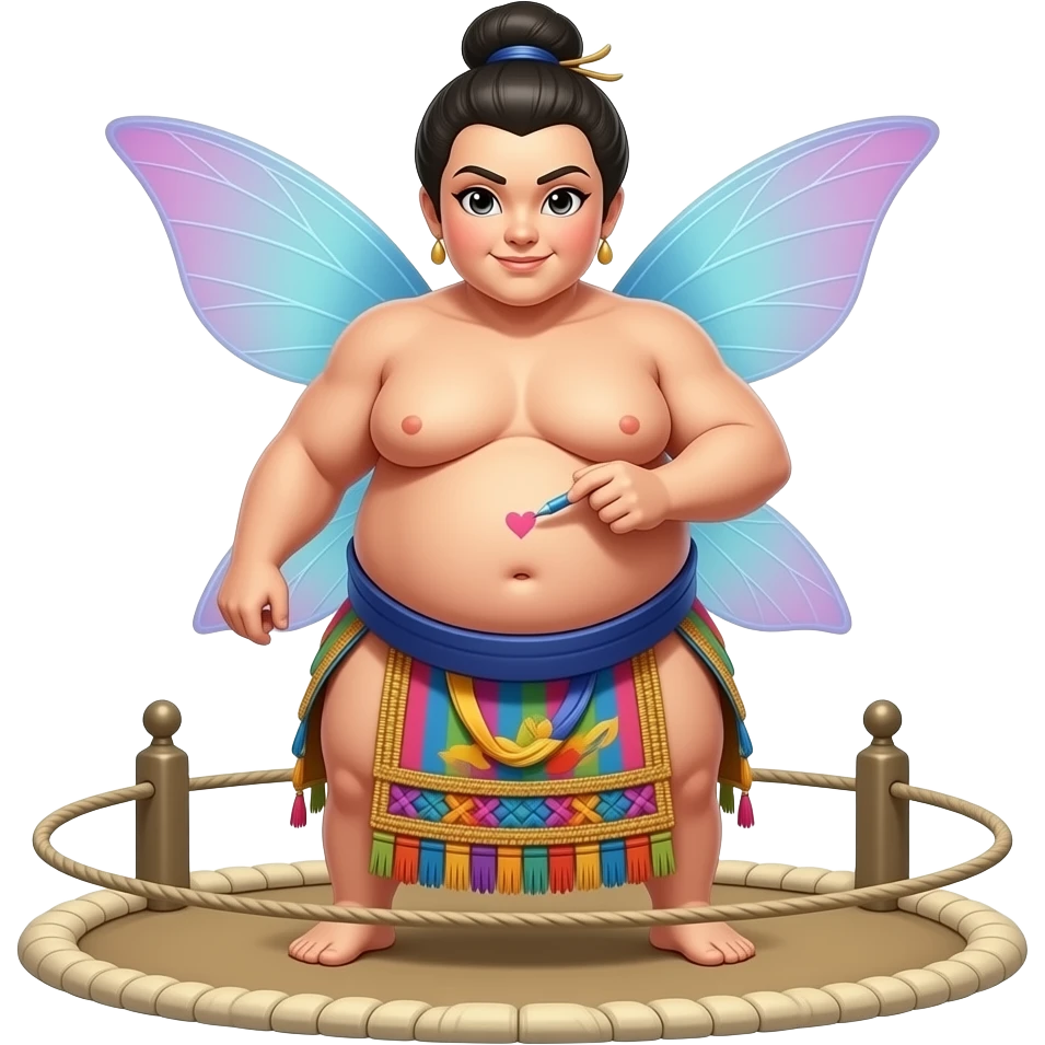 A fairy sumo warrior,with big bloated belly,draws love hearts on her bellybutton. emoji