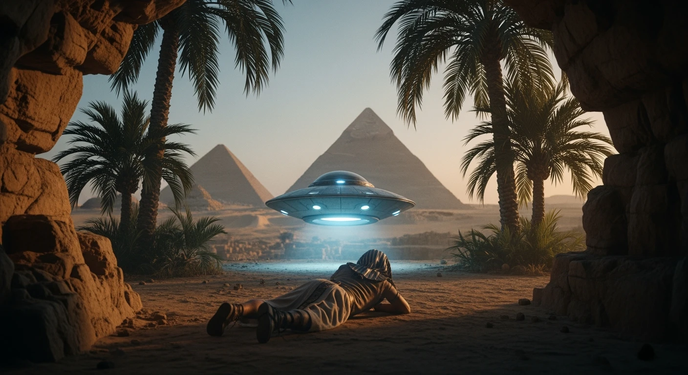 cinematic still, documentary photography, acient egypt, back shot of a man dress in ancient clothes in cave on ground laying front of small ufo starship, palms, dynamic scane, leading lines, captured by arri alexa, depth layers, piramids in babckground emoji