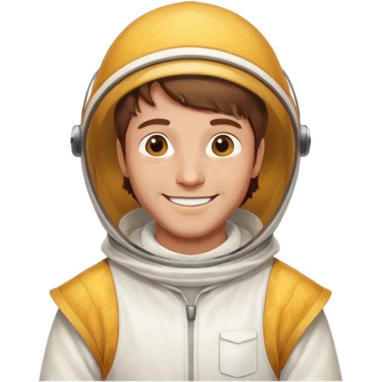 male bee keeper with brown hair, white outfit,  emoji