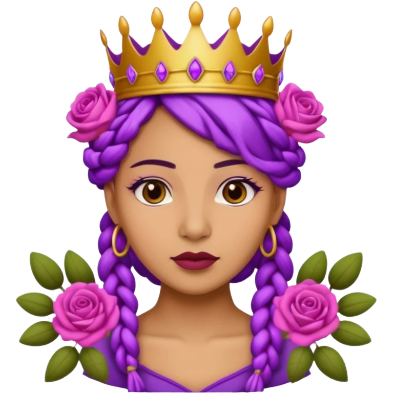 Crown Olive skin queen with purple braids, brown eyes surrounded by roses emoji
