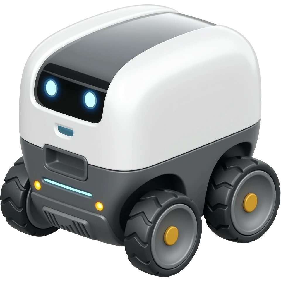 White solid delivery robot with 2 wheels at the front and 2 big wheels on the back emoji