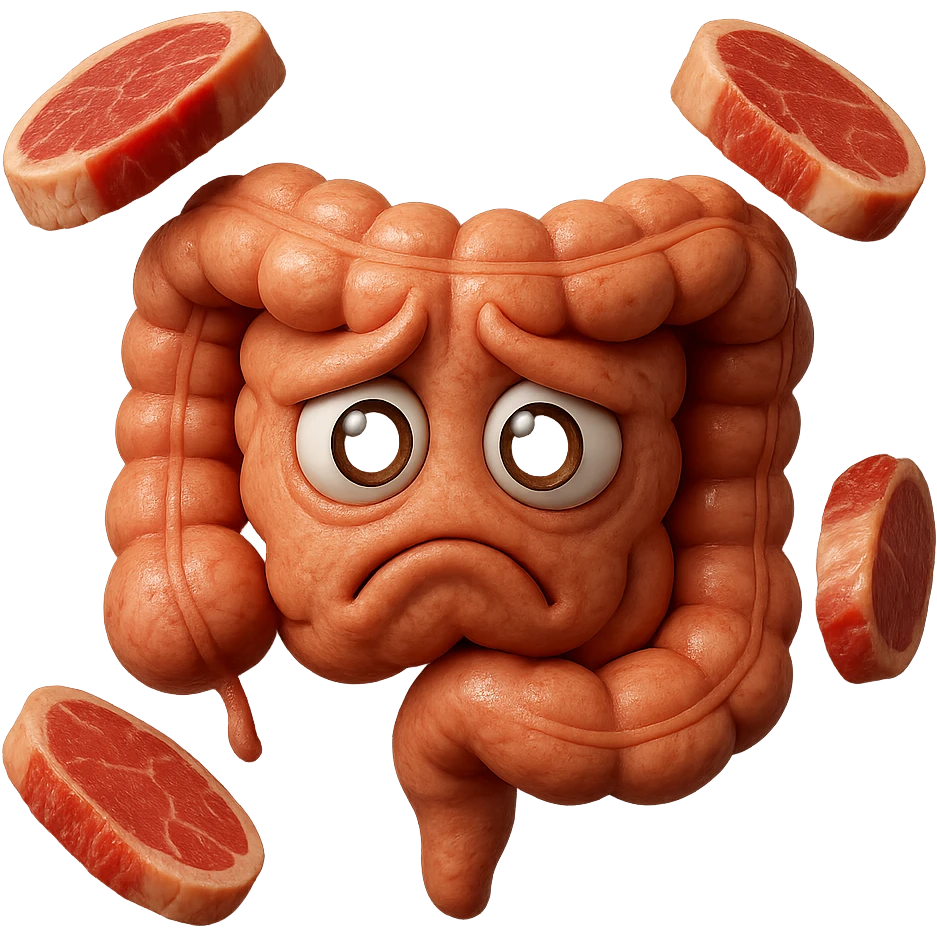 emoji stile iphone in 3d di un intestino triste con fette di carne che gli fluttuano intorno, gli occhi falli con la parte bianca pure, iperrealistico 4k emoji