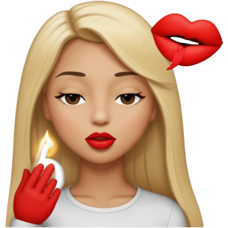 Mujer color de piel moreno claro, posicionada de lado, con cabello rubio largo, lacio y suelto, ojos negros, un ojo cerrado, mandando un beso de lado emoji