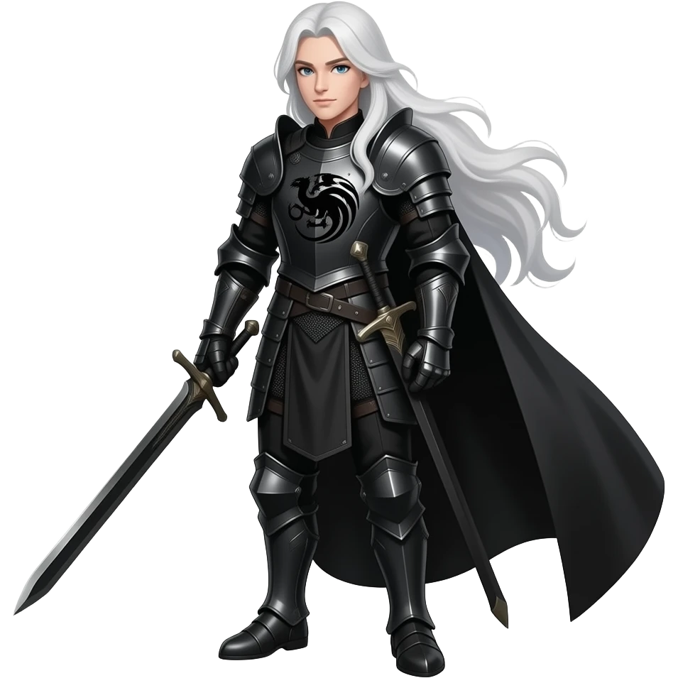 Згенеруй лцаря з білим, довгим волоссям, в чорних обладунках, на грудях герб таргаріенів однотонним чорним візерунком, він стоїть в повний зріст з чорним мечем, видно його обличчя, під кутом emoji