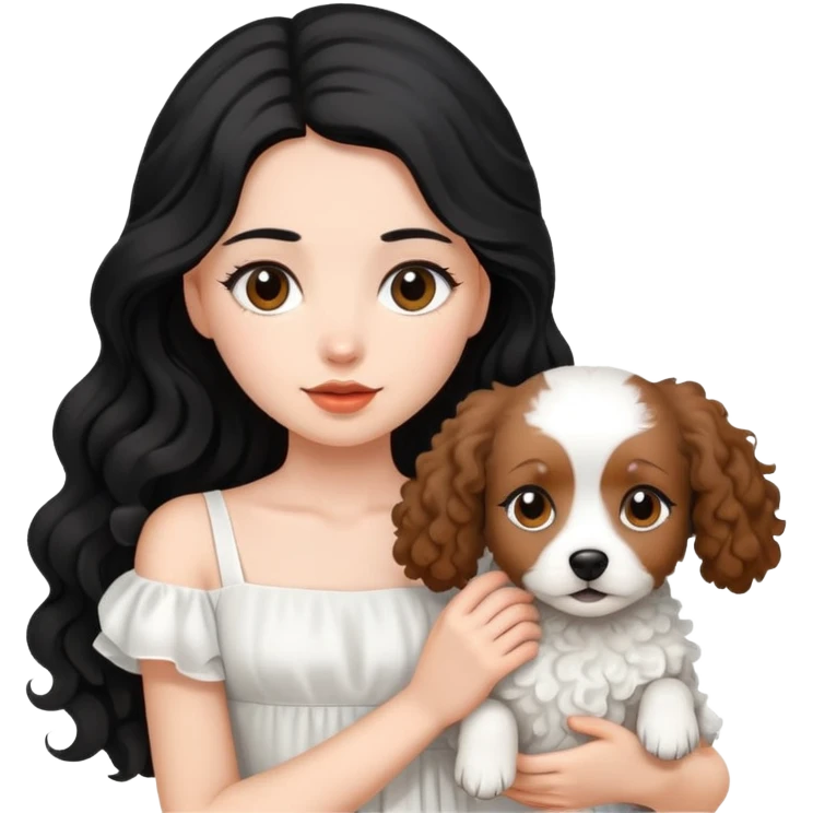 beautiful girl with long black hair in a white dress holding a small brown curly-haired dog emoji