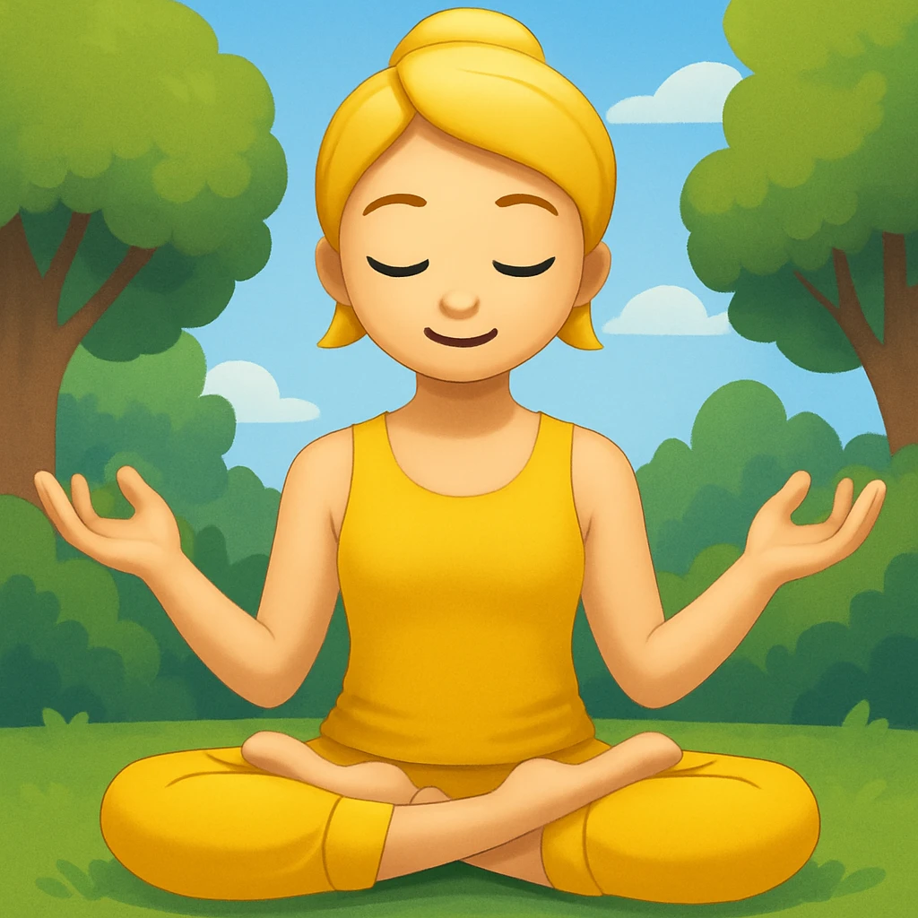 Add a peaceful nature background with trees and sky behind the meditating emoji, keep the classic emoji style emoji