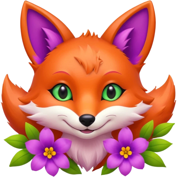 Smiling Pink Fox with green eyes  and orange and purple flowers  emoji