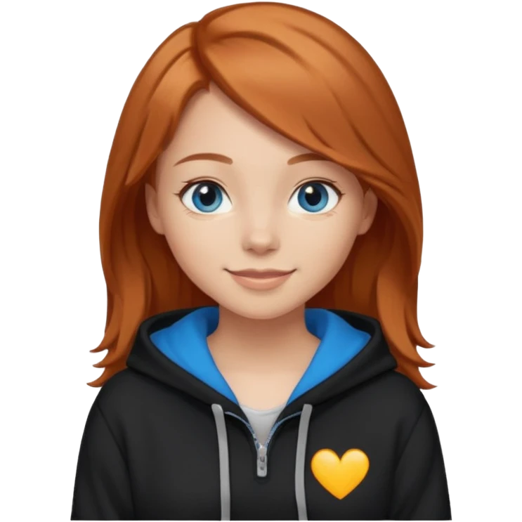 мила дівчинка зі світлим русим волоссям до грудей з голубими очами в чорному худі посміхається emoji