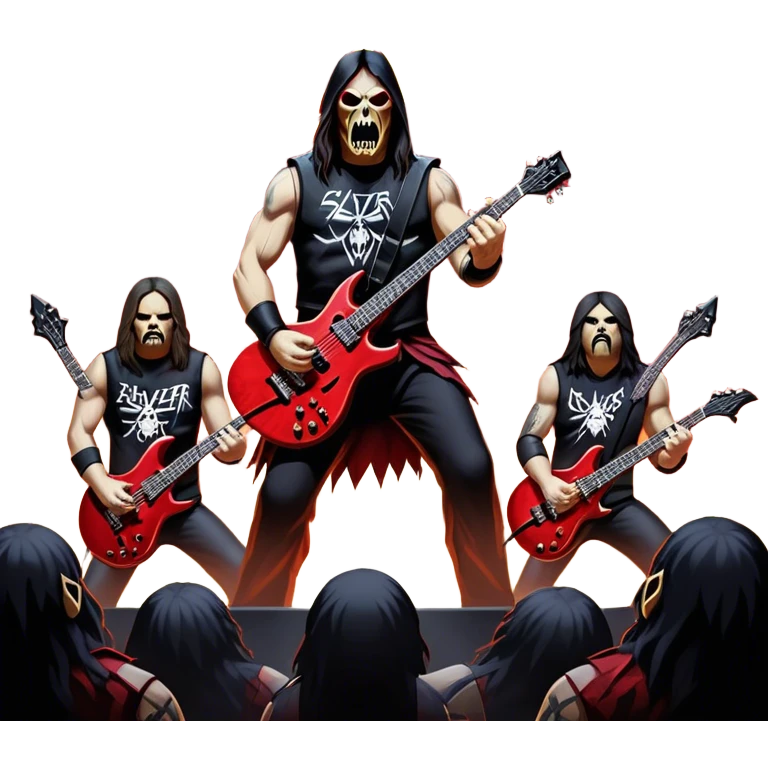 Icon for Heavy Metal: Slayer band on stage during a live concert, with guitars, drums, and intense lighting effects. The atmosphere is charged with energy, and the iconic Slayer logo is visible. Transparent background. emoji