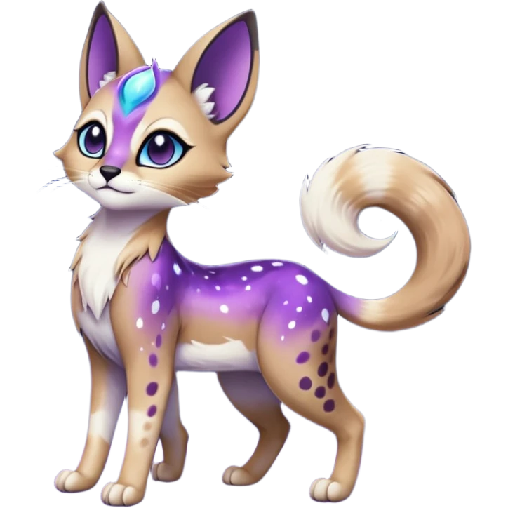 Colorful black-violet-indigo-purple-gradients nebulae nebula starry galactical shiny white-stars-spotted glorious iridescent divine exotic cute cool beautiful realistic Meloetta-caracal-civet-sergal-oncilla-animal-Fakémon-hybrid-fursona (full body) emoji