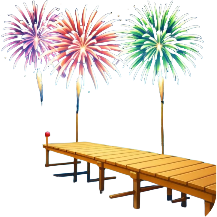 Fireworks over a lake with a dock emoji