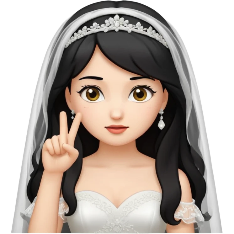 Black-haired bride in a white wedding dress and veil, curious expression, pointing to her head with her index finger, cute emoji style. emoji