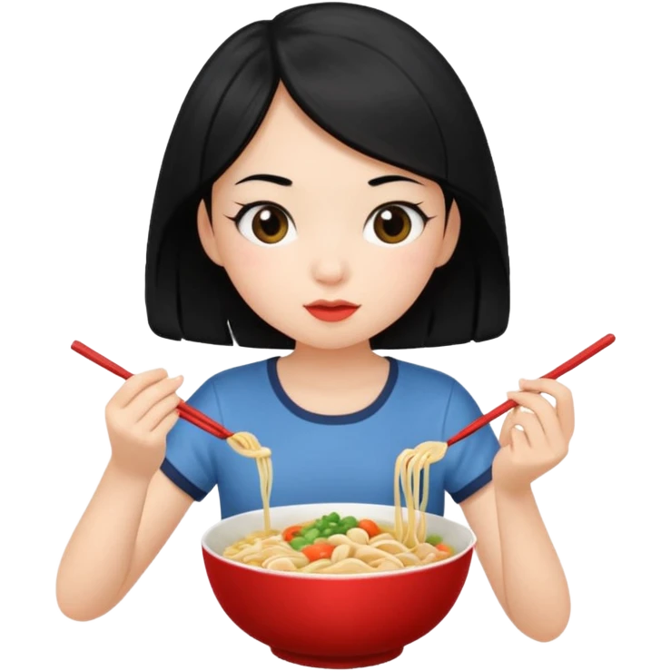 girl with black hair in short sleeves eating noodles with a spoon and chopsticks emoji