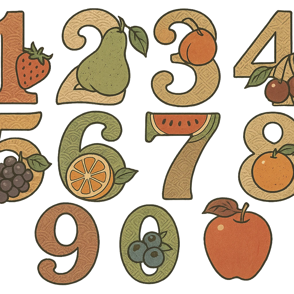 ukiyo-e style numbers with fruit motifs, traditional Japanese illustration emoji