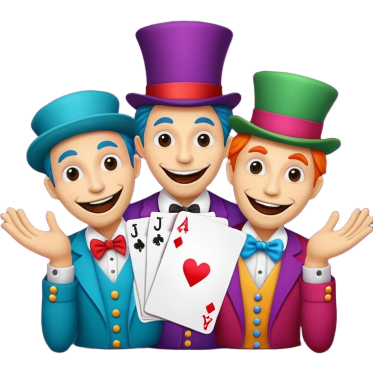 3 poker cards, with crazy colorful human jolly jokers inside, puppeteers emoji