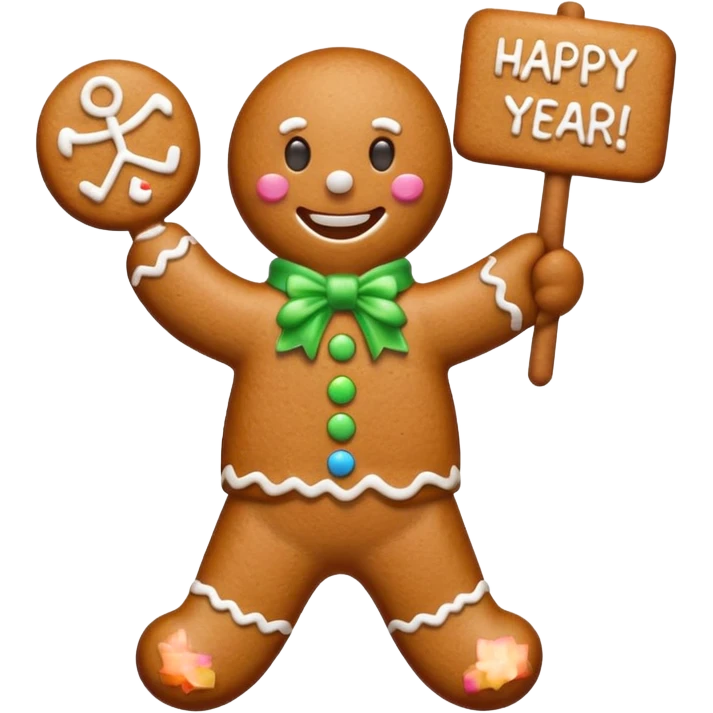 gingerbread man with a happy new year sign emoji