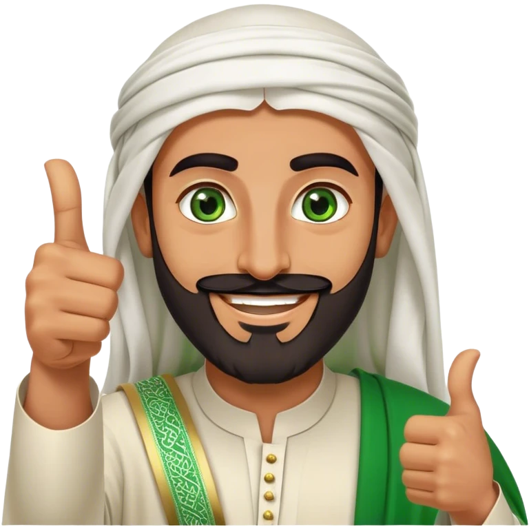 "Tanned Arab Saudi man with green eyes and a beard, wearing an agal and traditional attire, smiling happily and giving a big thumbs-up emoji