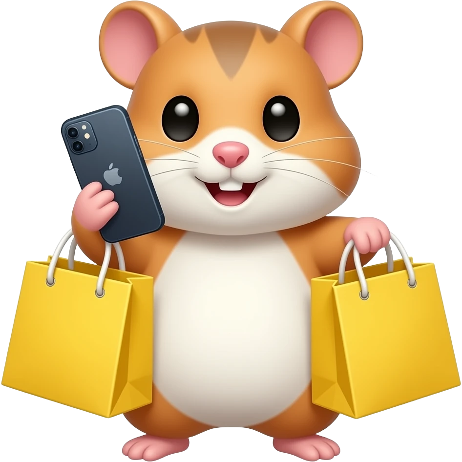 A hamster is talking on an iPhone and holding two shopping yellow bags. emoji
