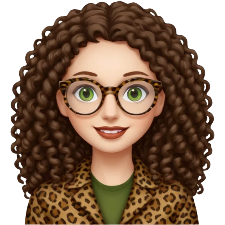 a green eyed woman with very very long brunette curly hair, full lips,and pale skin. She is wearing a leopard printed thin round-ish glasses . She is wearing fully brown clothes. She is gretting smiling emoji