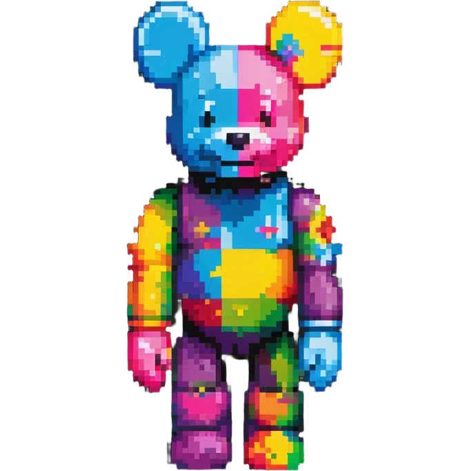 Pixel art KAWS Bearbrick figure with a happy smiling face, bright colors, and blocky bear shape emoji
