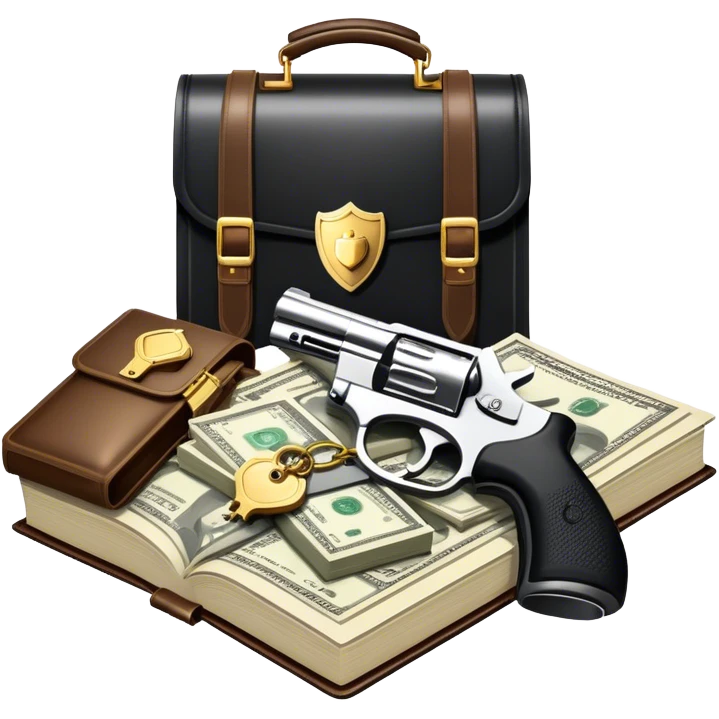 Icon for Action & Crime Reading: open book with text and picture, with a silhouette of a gun, a bag of money, and a police badge on the pages. Surrounding elements include a pair of handcuffs, a briefcase, and scattered bullet casings. Transparent background. emoji