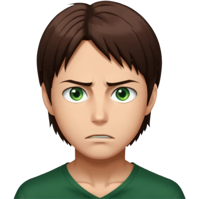 “Create an avatar that looks like Eren Yeager from Attack on Titan, Season 4 — sharp jawline, tied-back long brown hair, intense green eyes. Normal expression.  emoji