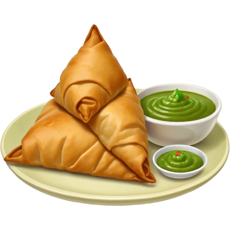 a samosa with a small bowl of green chutney beside it emoji