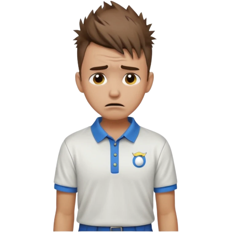 Handsome male.short messy brown hair.mowhawk hairstyle. wearing golf shirt and shorts.crying. garden background  emoji